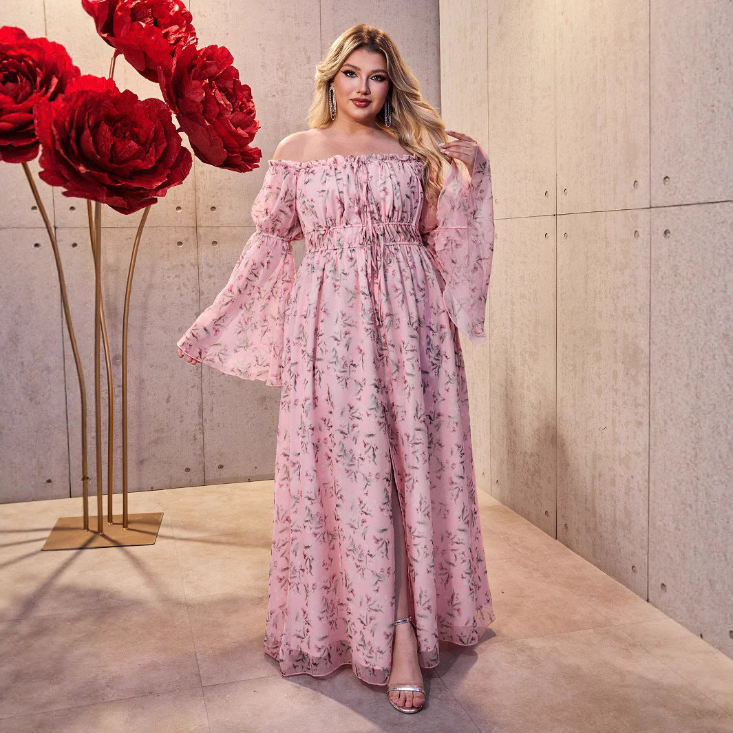 Damen Maxikleid mit schulterfreiem Design und floralen Akzenten EB