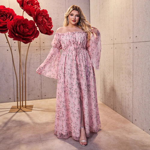 Damen Maxikleid mit schulterfreiem Design und floralen Akzenten EB