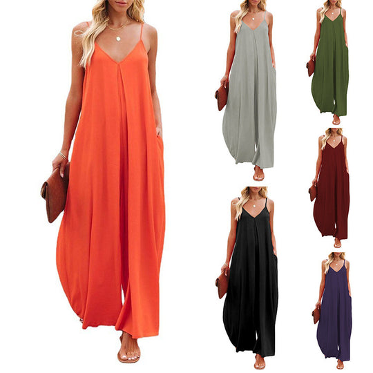 Damen Maxi-Jumpsuit mit elegantem V-Ausschnitt und seitlichen Taschen EB