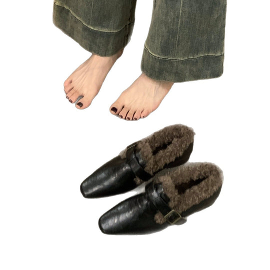 Damen Elegante Mokassins mit warmem Kunstfellkragen und modischer Schnalle EB