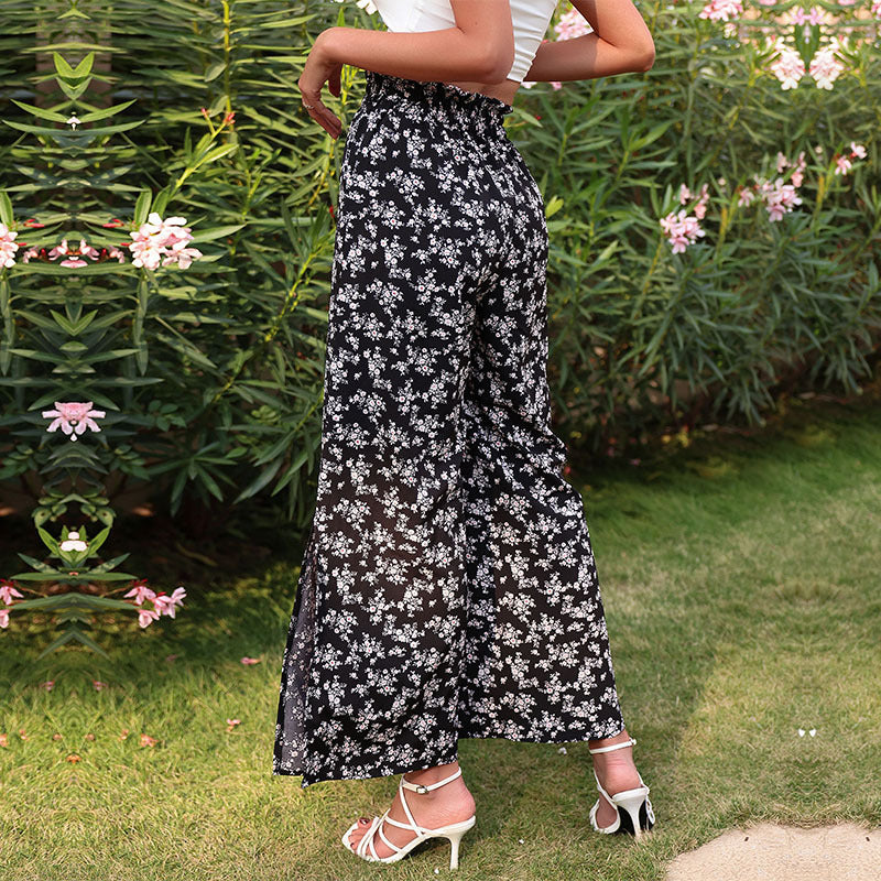 Damen weite Blumen-Hose mit elastischem Bund EB