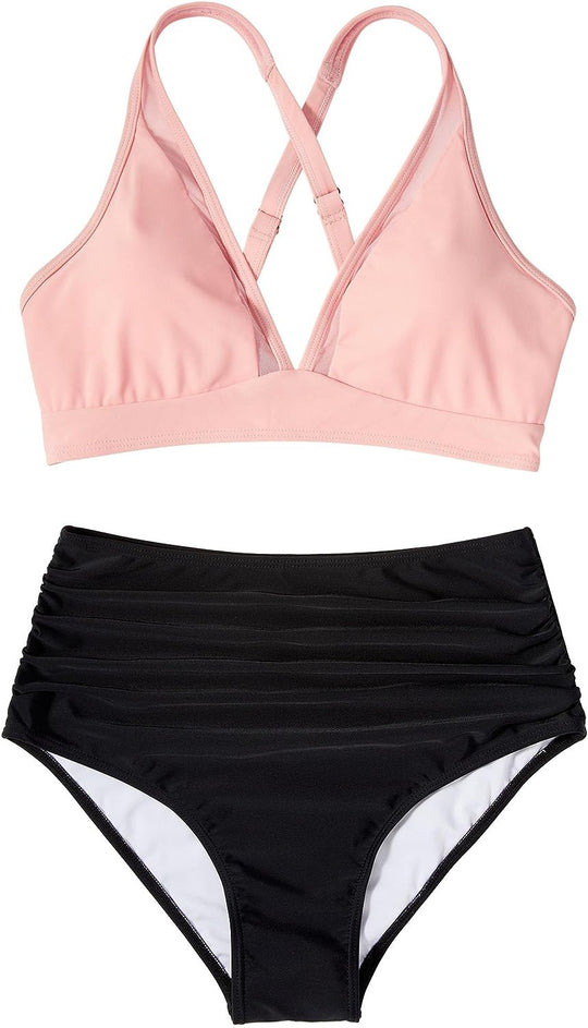 Damen Sportliches Bikini-Set mit verschränkten Trägern und hohem Schnitt EB
