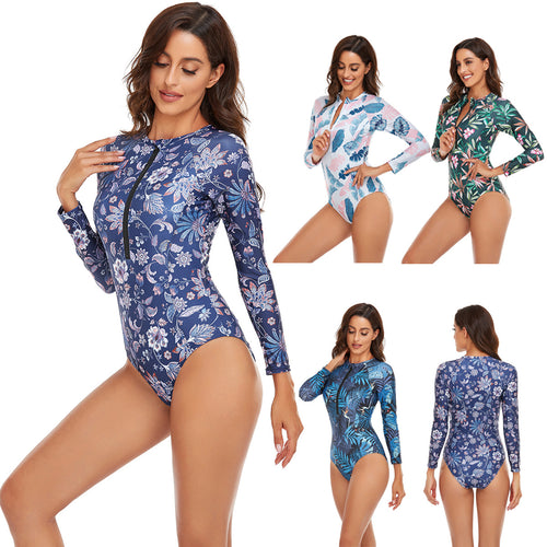Damen Sportlicher Langarm-Badeanzug mit floralem Muster EB