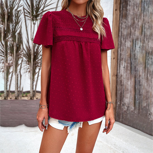 Damen Bluse mit Puffärmeln und dekorativer Spitzenverarbeitung EB