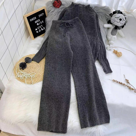 Damen Set aus Strickpullover und Weit geschnittenen Hose EB
