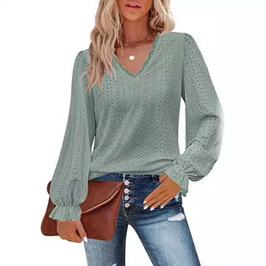 Damen Bluse mit Spitzenmuster und Ballonärmeln EB