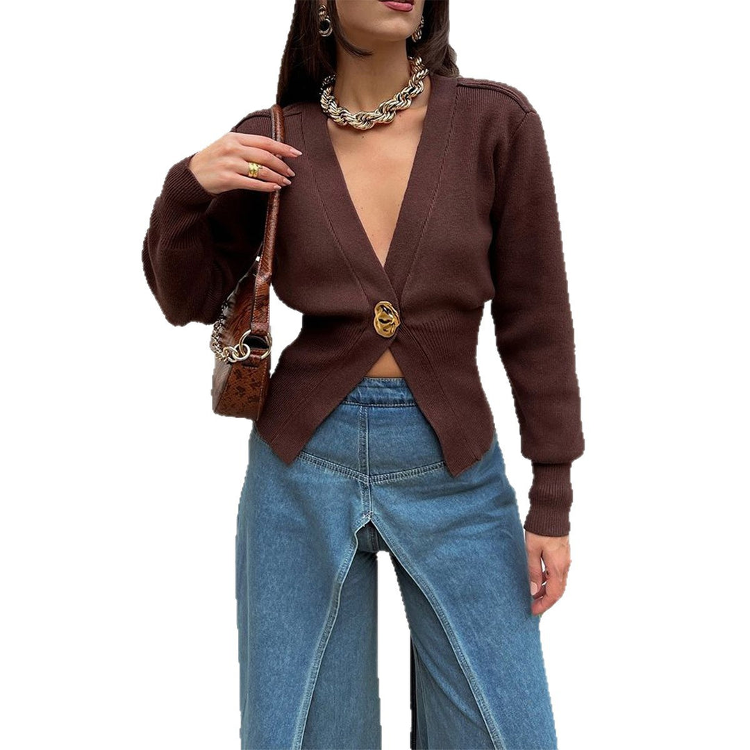 Damen nan taillierter Kurzcardigan mit tiefem V-Ausschnitt und dekorativem Zierknopf EB
