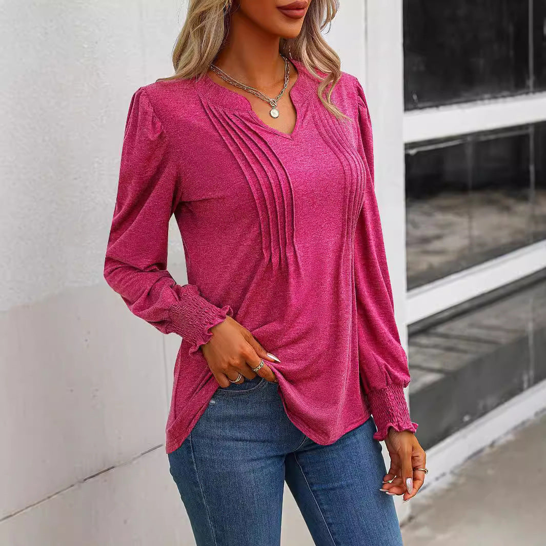 Damen nan Langarmshirt mit V-Ausschnitt, dekorativen Kellerfalten vorn und elastischen Smokbündchen EB