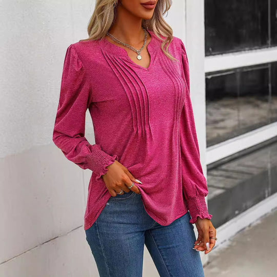 Damen nan Langarmshirt mit V-Ausschnitt, dekorativen Kellerfalten vorn und elastischen Smokbündchen EB