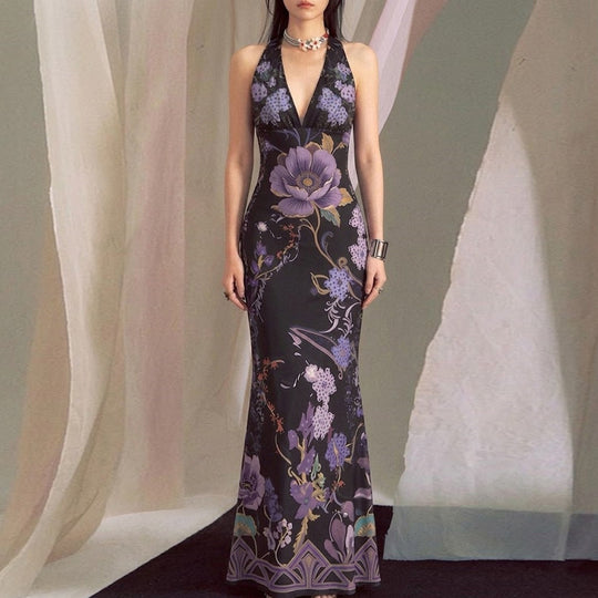 Damen Elegantes Maxikleid mit floralem Design und tiefem V-Ausschnitt EB