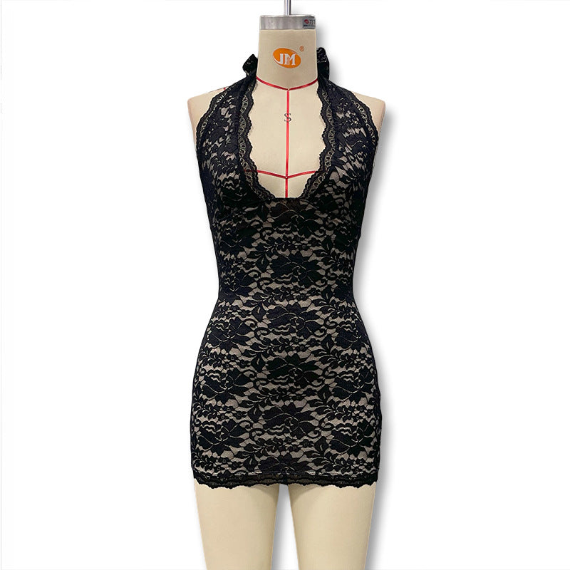 Damen Spitzenkleid mit tiefem Halterneck und figurbetontem Schnitt EB