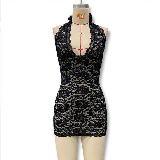 Damen Spitzenkleid mit tiefem Halterneck und figurbetontem Schnitt EB