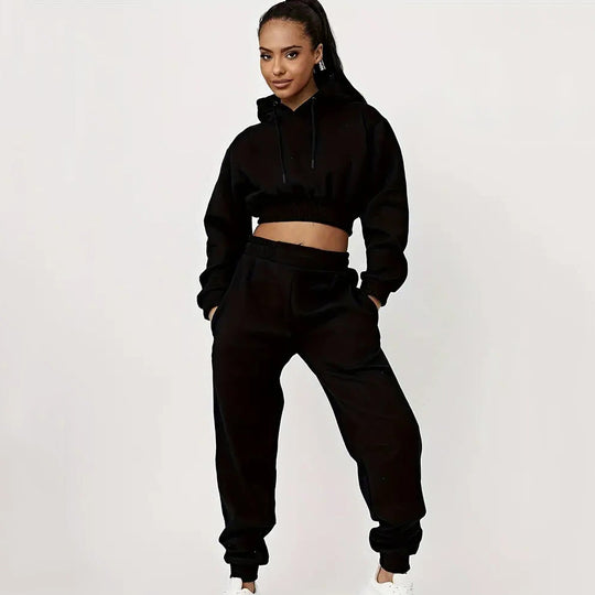 Damen Sportliches Cropped Hoodie und lässige Jogginghose Set EB