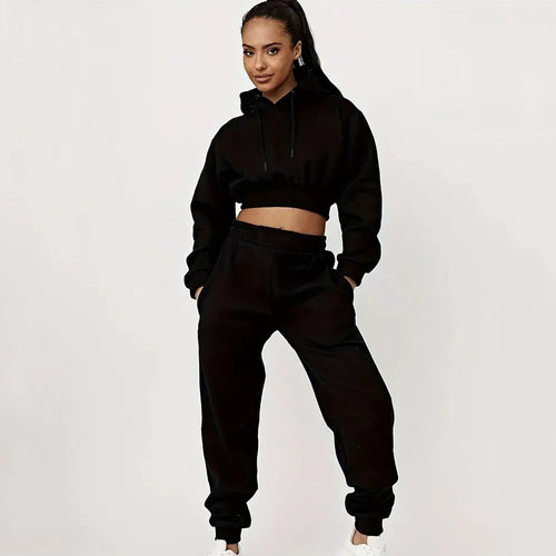 Damen Sportliches Cropped Hoodie und lässige Jogginghose Set EB