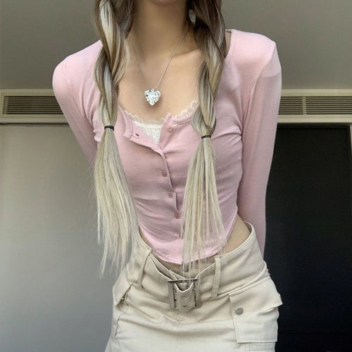 Damen Cropped Langarmshirt mit verspieltem Knopfleisten-Design und raffinierten Trägerdetails EB