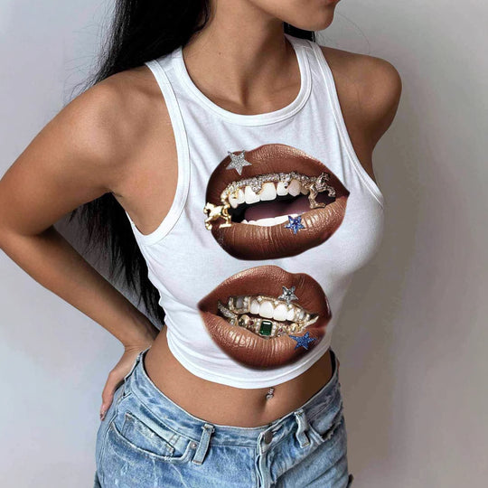 Damen Tanktop mit künstlerischem Lippenmotiv und figurbetontem Schnitt EB