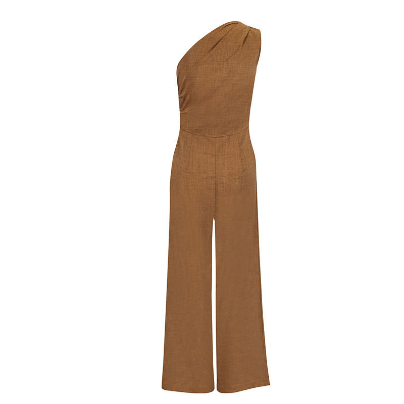Damen eleganter Jumpsuit mit asymmetrischem Ausschnitt und fließendem Schnitt EB
