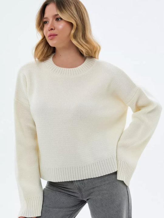 Damen gemütlicher Cropped-Pullover mit lässigen Ballonärmel und Rippstruktur EB