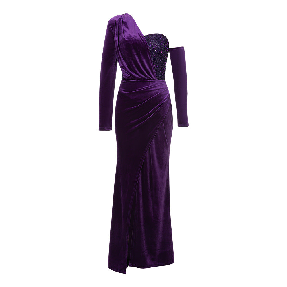 Damen Samt Abendkleid mit asymmetrischem Ausschnitt und eleganter Drapierung EB