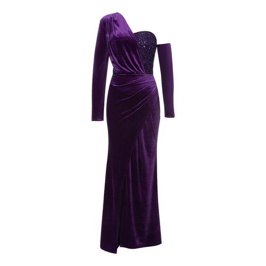 Damen Samt Abendkleid mit asymmetrischem Ausschnitt und eleganter Drapierung EB