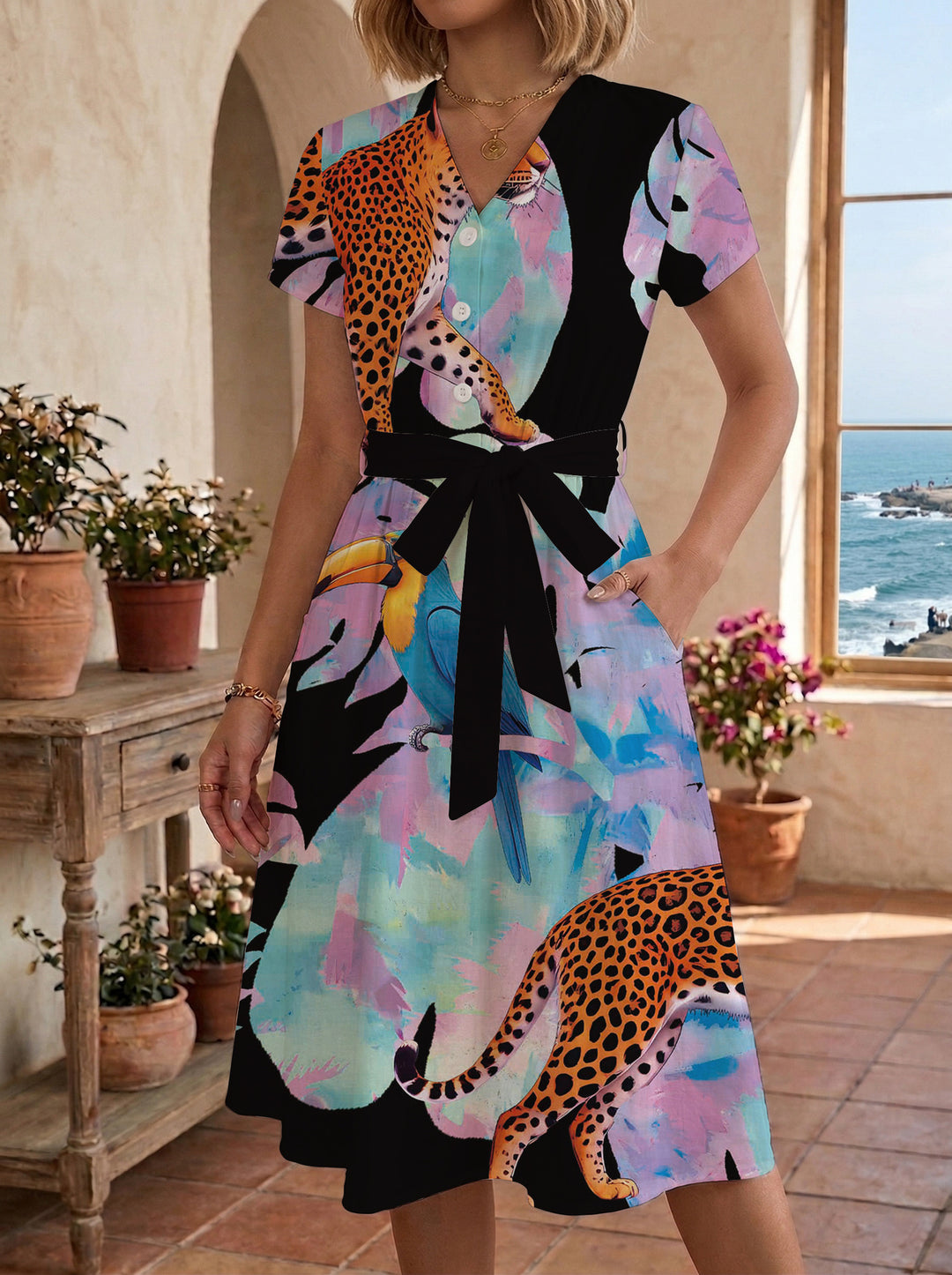 Damen Blühendes Midikleid mit taillierbarem Gürtel und kunstvollem Print EB