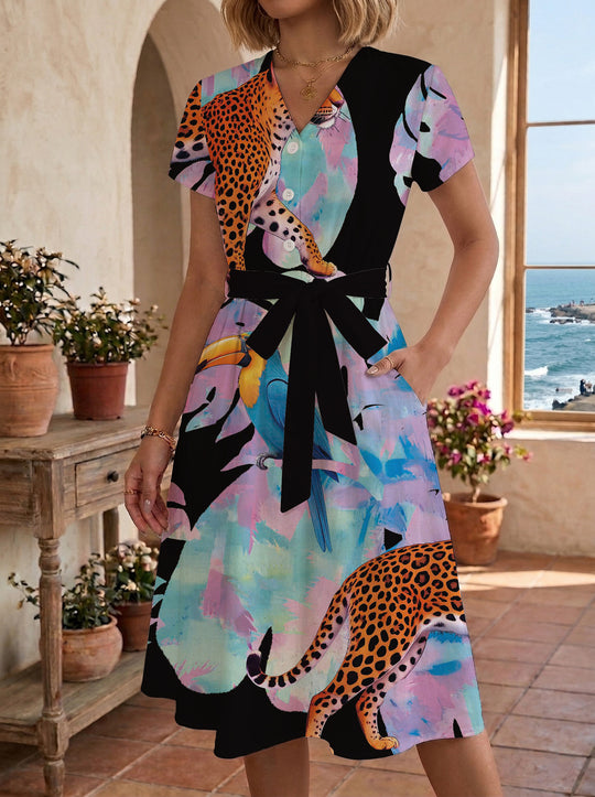 Damen Blühendes Midikleid mit taillierbarem Gürtel und kunstvollem Print EB