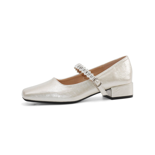 Damen Ballerinas mit schimmerndem Riemchen und elegantem Blockabsatz EB
