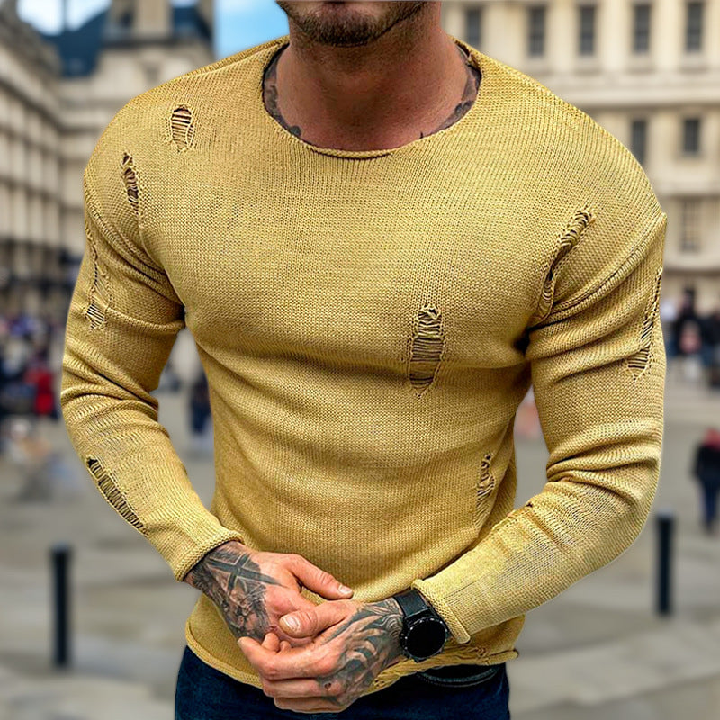Herren Stylischer Rundhals Pullover mit ausgefransten Details EB