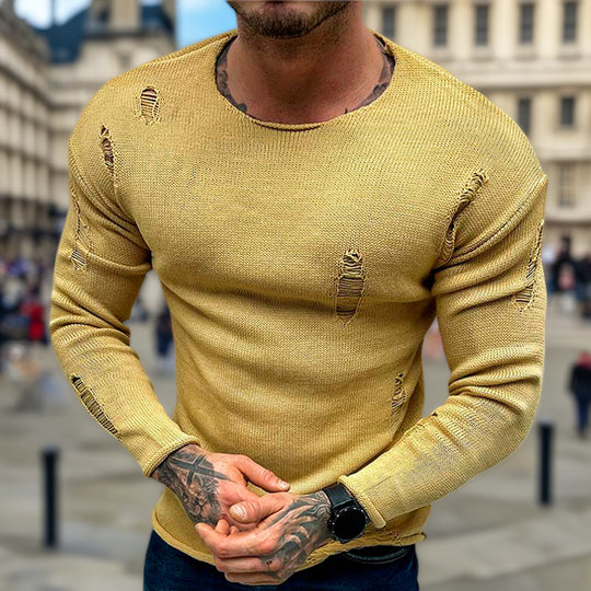 Herren Stylischer Rundhals Pullover mit ausgefransten Details EB