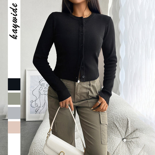 Damen nan taillierter Feinstrick-Cardigan mit Rundhals und Zierknopfleiste EB