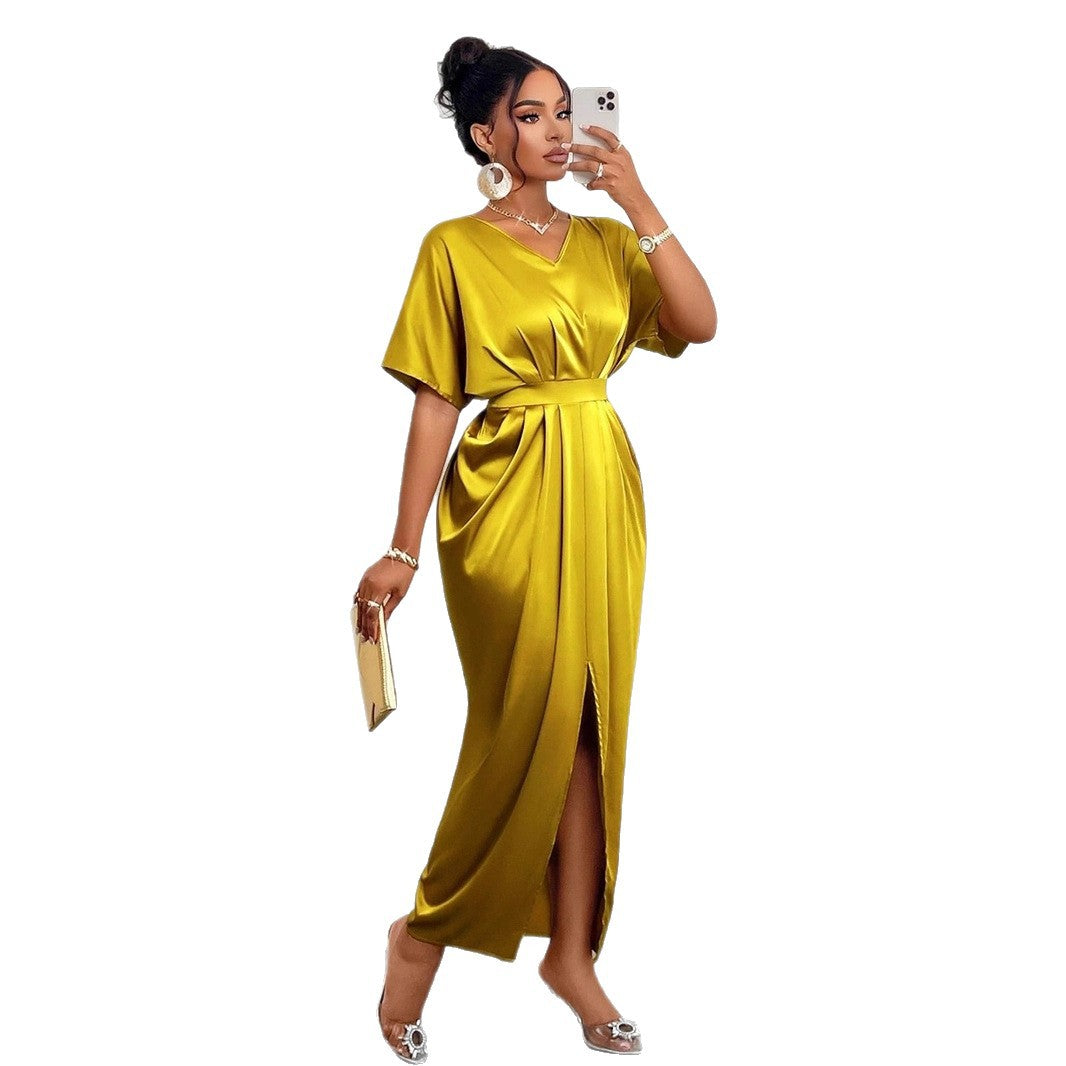 Damen Midikleid mit elegantem V-Ausschnitt und seitlichem Schlitz EB