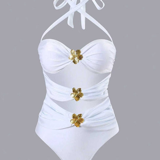 Damen Einteiler Badeanzug mit eleganten Drapierungen und Goldakzenten EB