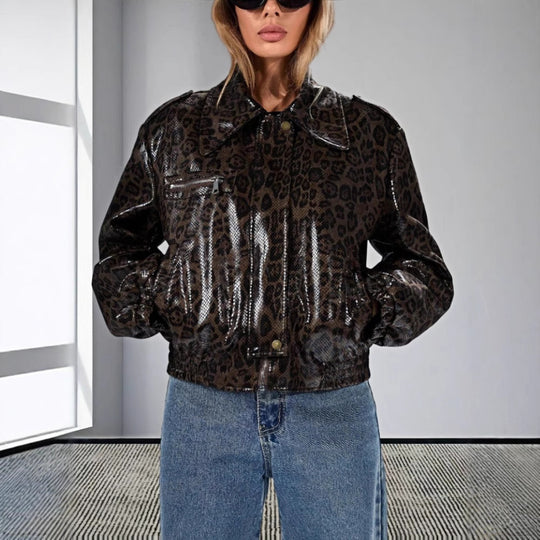 Damen Kunstleder Bikerjacke im Leo-Design EB