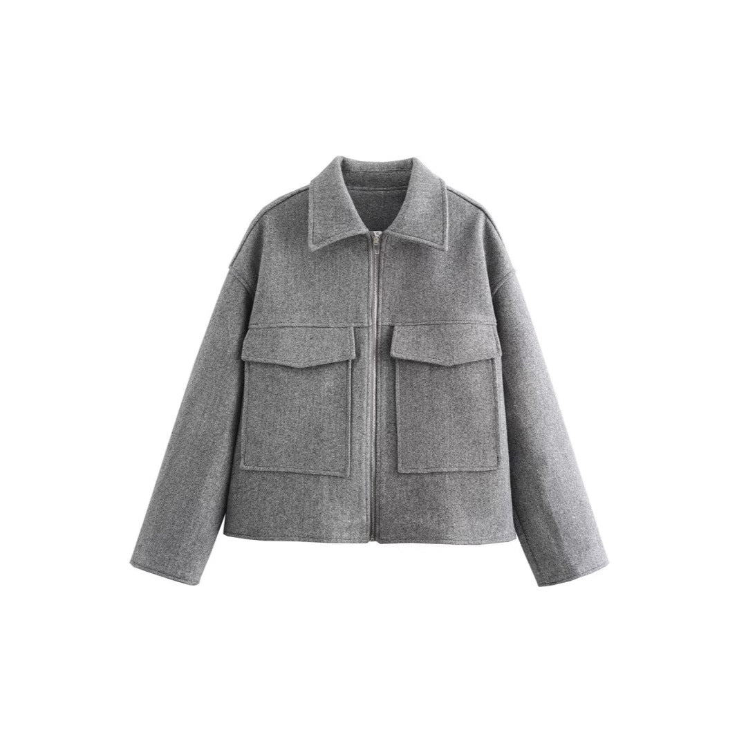 Damen lässige Overshirt-Jacke mit Taschen und Reißverschluss EB