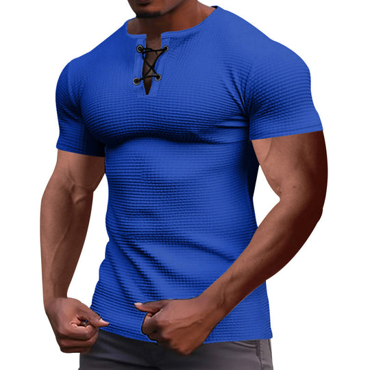 Herren nan Kurzarmshirt mit Schnürkragen, Metallösen und feinem Strukturjersey EB