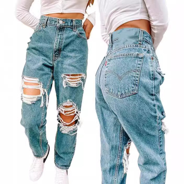 Damen Vintage High-Waist Destroyed Jeans mit fransigen Details EB