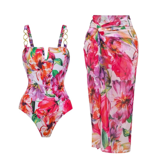 Damen eleganter Badeanzug mit floralem Wickelrock EB