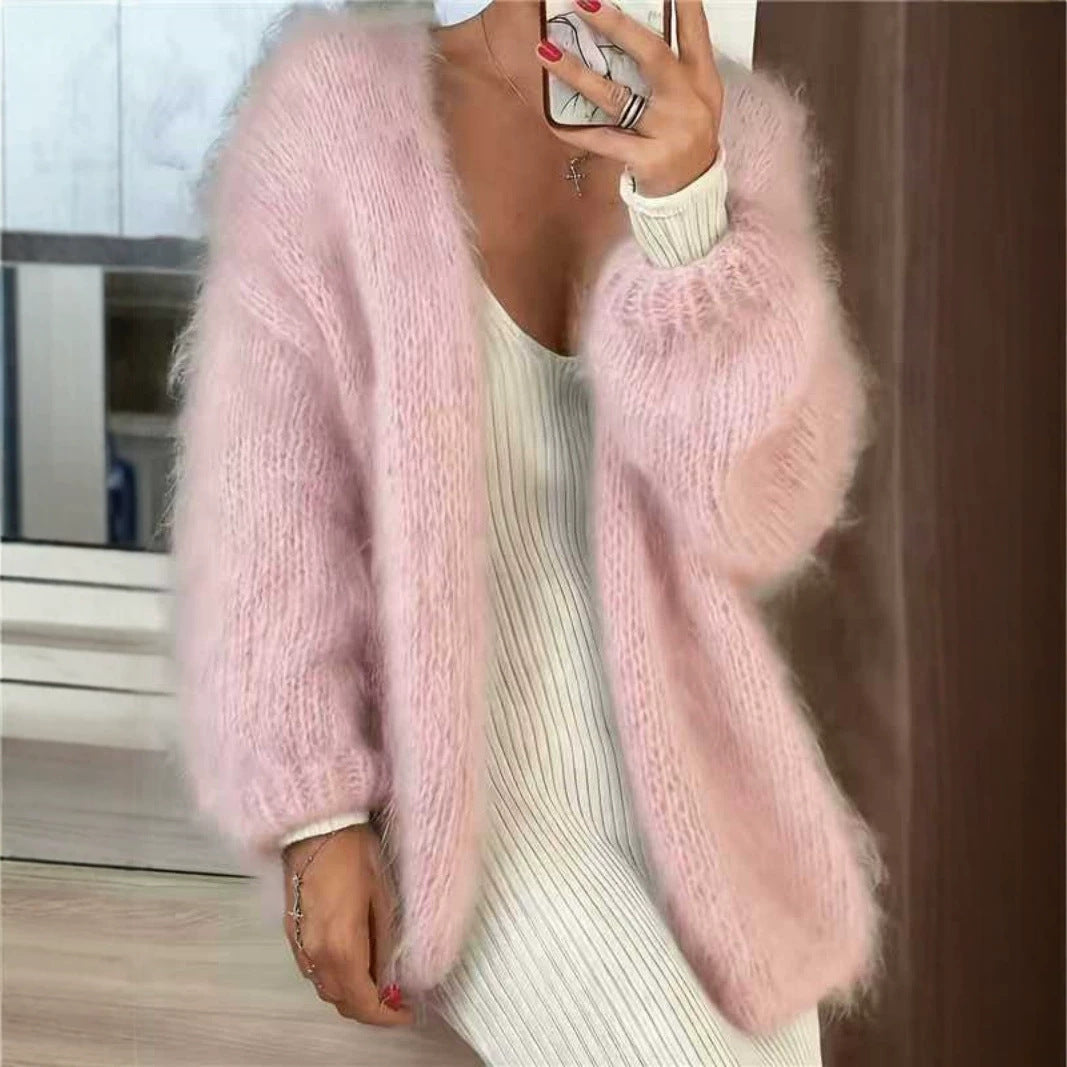 Damen Flauschiger Oversize Mohair-Optik Cardigan mit offenem Schnitt und Ballonärmeln EB