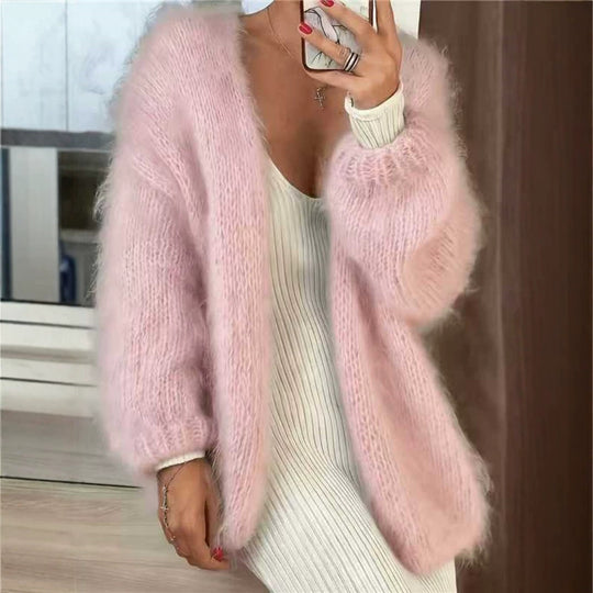 Damen Flauschiger Oversize Mohair-Optik Cardigan mit offenem Schnitt und Ballonärmeln EB