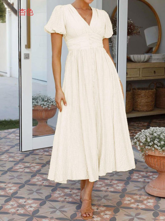 Damen Maxikleid mit V-Ausschnitt und luftigen Puffärmeln EB