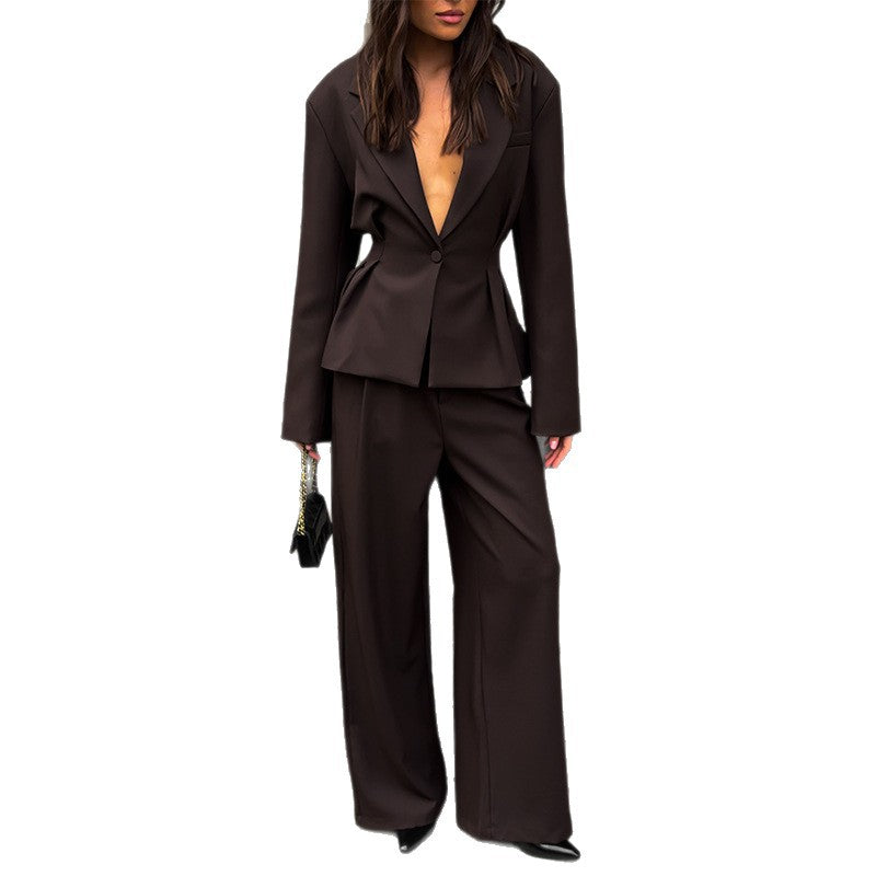 Damen eleganter Hosenanzug mit tailliertem Blazer und weitem Bein EB