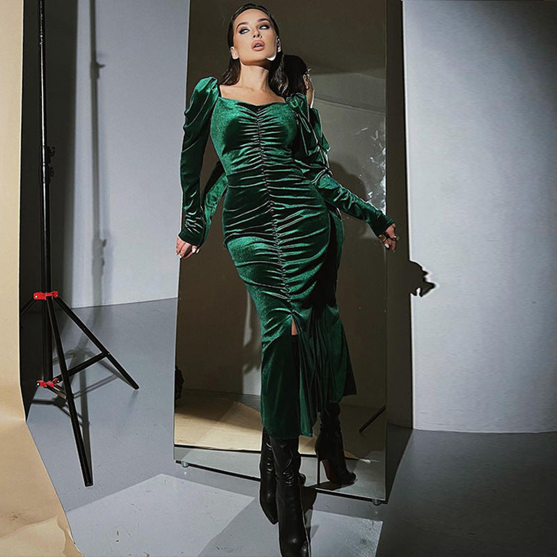 Damen Midikleid mit Puffärmeln und elegantem Taillierungsdesign EB