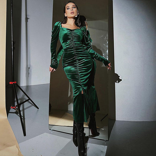 Damen Midikleid mit Puffärmeln und elegantem Taillierungsdesign EB