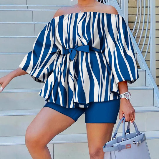 Damen Off-Shoulder Tunika mit weiten Ärmeln und elastischem Taillenband EB
