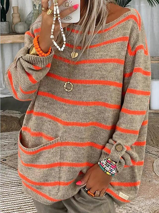 Damen Oversized Strickpullover mit eleganten Streifen und praktischen Taschen EB