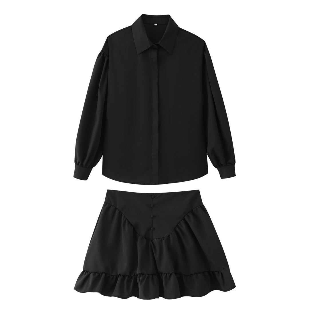Damen Set aus eleganter Bluse mit Puffärmeln und schwingendem Rock EB