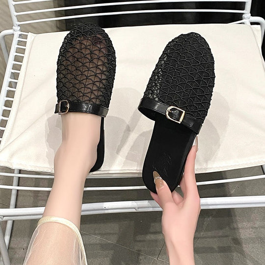 Damen Offene Pantoletten mit modischem Netzdesign und dekorativem Riemen EB