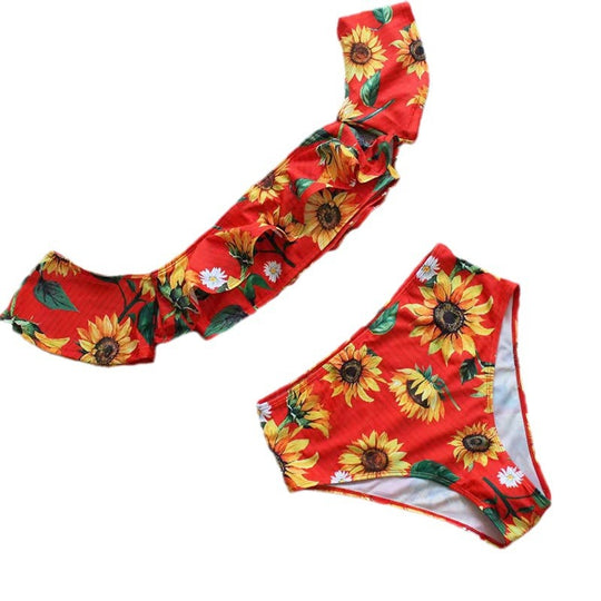 Damen Bikini-Set mit floralem Rüschendesign und hohem Taillenslip EB