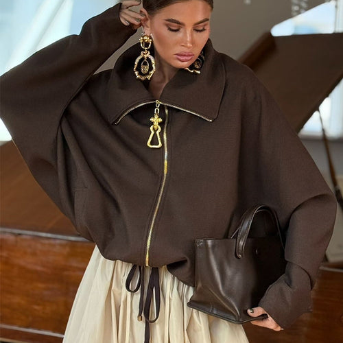 Damen Lässige Oversize-Jacke mit hohem Kragen und Reißverschluss EB