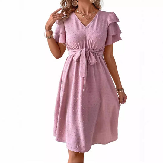 Damen Midi-Kleid mit schickem V-Ausschnitt und voluminösen Rüschensäumen EB